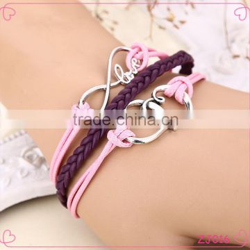 Wholesale Handmade Layers Leather Double Heart Charming Bracelet Weave Women Jewelry