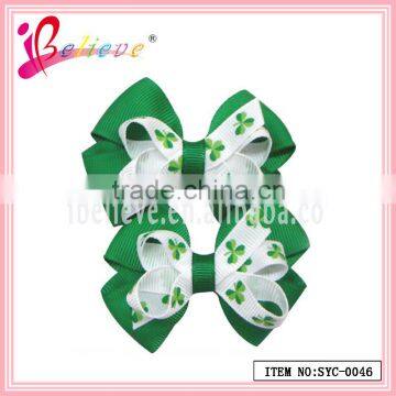 More sizes available green and white grosgrain clover pull bow ribbon hair clips (SYC-0046)