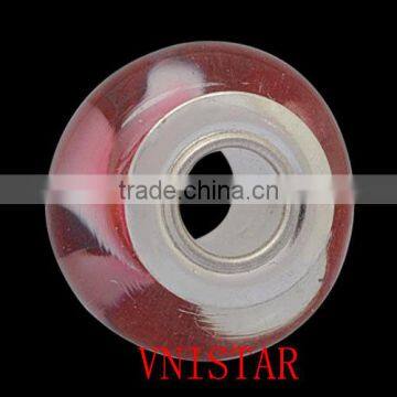 Vnistar silver plated single core broadside red glass beads with pink patterns PGBW007, size in 6*12mm