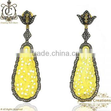 Yellow Agate Carving Gemstone Earrings, Pave Diamond Earrings, 925 Silver Dangle Earrings, Manufacturer of Carved Jewelry