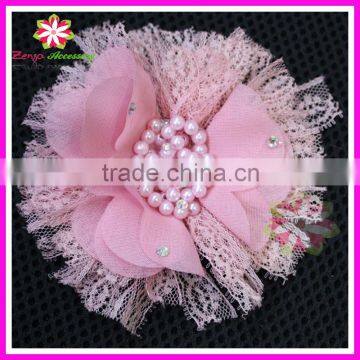 Beaded lace chiffon fabric flowers for wedding dresses,pearl center chiffon lace flower, pearls rhinestone chiffon lace flower