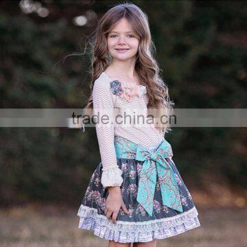 Wholesale Long Sleeve Chevron Floral Dress Matching Lace Ruffle Pants Baby Girls Clothing Sets photo-3