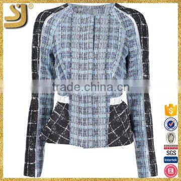 Women Black white blue Silk and cotton blended plaid jacket