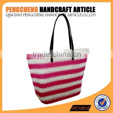 Paper straw tote trapezoidal beach bag pink color women stripe crochet handbag