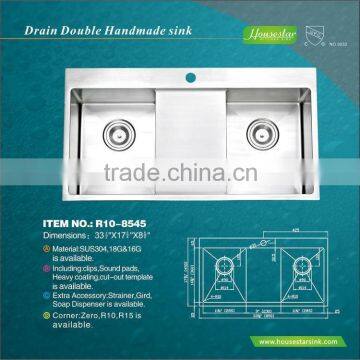 High reputation stainless steel handmade kitchen sink with drain board R10-8545