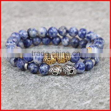 KJL-0114 2015 New Fashion Women Men Stretch Jewelry, 8mm Blue Veins Stone Beads Bracelet With Gold Silver Double Skull Heads