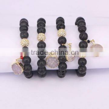 Black Lava Beads Druzy Quartz Stone Bracelet, with Pave Crystal bead and Agate Beads Gem stone Charm Bracelets