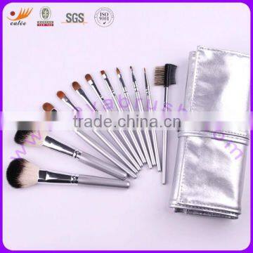 11pcs cosmetic brush set,silver wooden handle and silver aluminum ferrule