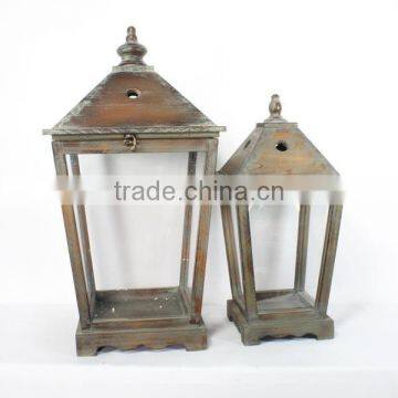 Vintage Wooden Candle Lantern Distressed Garden Lantern Set of 2