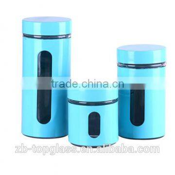 round 3 pieces glass canister set with color casing