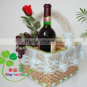 Natural Wicker bottle basket with laced rim and handle (factory supplier)