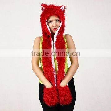 Fire Red Wolf Animal Hat With Long Glove Mittens