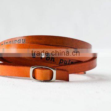 words/text engraved leather wrap bracelet, custom logo hand-stamped leather bracelet, adjustable long leather wrap bracelet