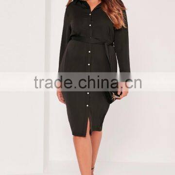 Plus Size Satin Button Through Belted Shirt Dress Rayon Black Long Sleeve Shirt Dress