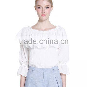 Solid color loose firlls boat neck half sleeve shirt/blouse
