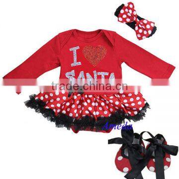 Baby Xmas Red Polka Dots Black Ruffles Rhinestone I Love Santa Long Sleeves Bodysuit Pettiskirt Jumpsuit Headband Crib Shoes 3pc