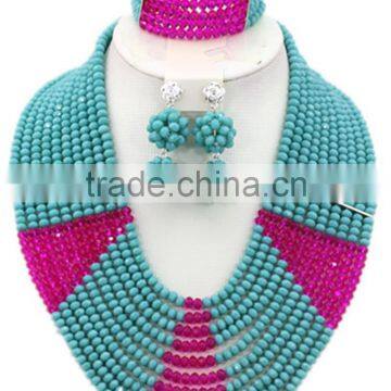 Teal Green Fuchsia Pink Crystal Beads Brooches African Jewelry Set