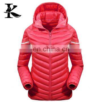 Fashion outdoor red reflective winter snowsuit warm down jacket for ladis