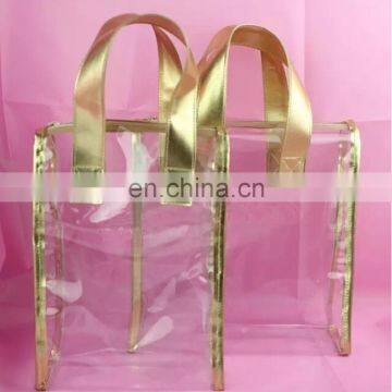 2016 Korean Waterproof Design Clear PVC Shopping Bag with gold handle