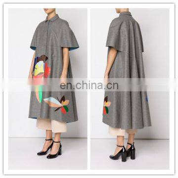 Grey A-line Style Short Sleeves Women Coat Plastic Print Wool Blend And Lambskin Coat (16110803)