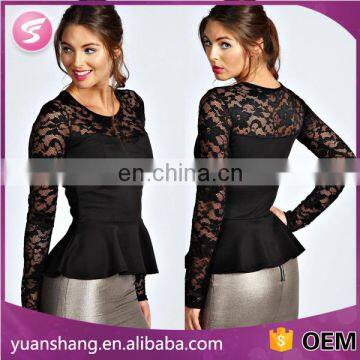 fashion balck lace tops long sleeve tunic t shirts for women