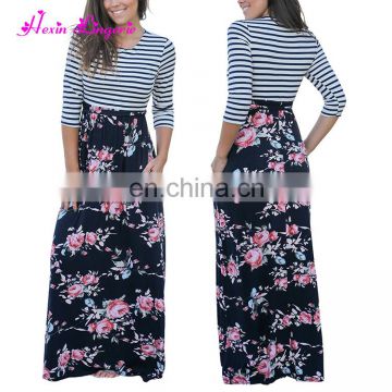 Private Label Striped Floral Print long sleeves cloths floral maxi women wear dress