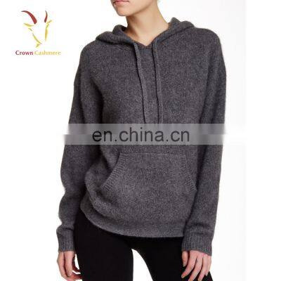 Ladies cashmere pullover hoodie sweaters with kangaroo pocket