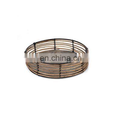 K&B wholesale high quality round wood rattan iron frame ottoman tray with handles