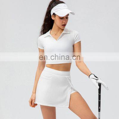 Wholesale Custom Logo Sports Tennins Two Piece Tracksuit Women Golf Gym Fitness Stand Collar Crop Top And Shorts Skirt Suit Set photo-3