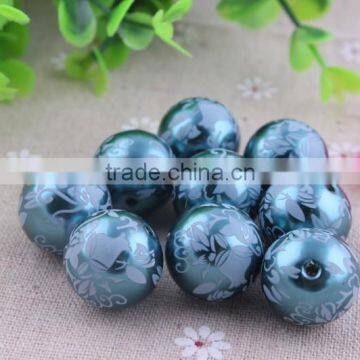 2014 high Quality 20mm chunky Round Acrylic Pearl Beads, Floral Print fake Pearl Beads wholesale!!