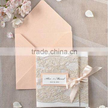 Hot sale rustic white wedding invitations with peach laces&white ribbons&label papers                        
                                                Quality Choice