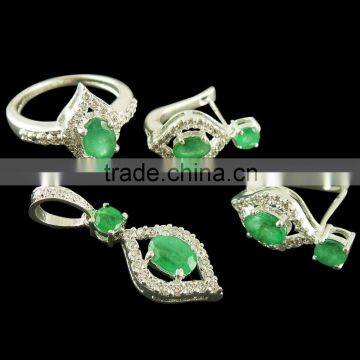 925 Sterling Silver Oval Cut Emerald Green Russian CZ Pendant Earrings Matching Set Wedding Gift Rhodium set Pendant ring earrin