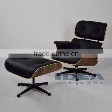 Replica Charles Lounge Chair and Ottoman Walnut Shell Black Leather