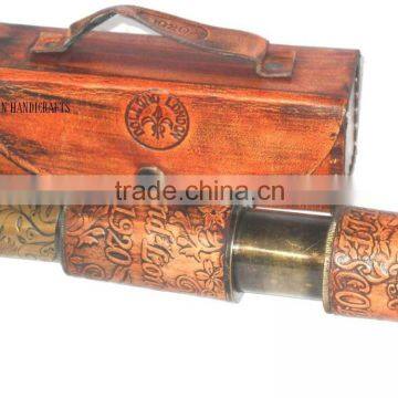 NAUTICAL BRASS HAND CARVING TELESCOPE -DOLLOND LONDON TELESCOPE WITH LEATHER BOX 12230