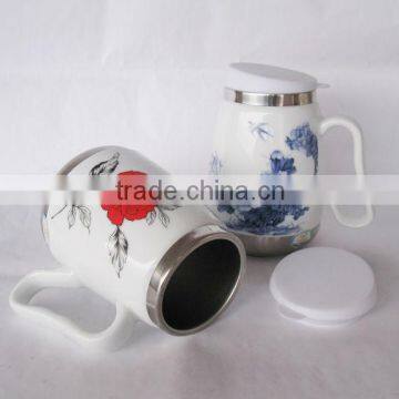 16oz Double Wall Ceramic Coffee Mug with Lid & Wide Base