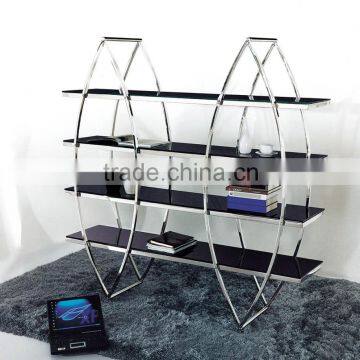 modern shelf glass showcase wit stinless steel frame office shelf PT-L003