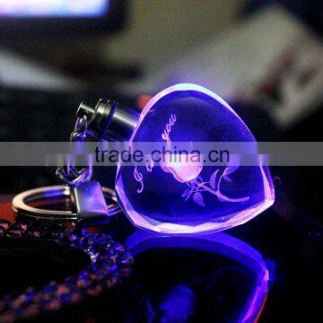 3D Laser Led Crystal Keychain for love gift /crystal rose keychain /customized logo