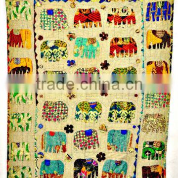 Elephant Patchwork Handmade kantha Quilt Throw Kid's Bed cover bedspread Tapestry