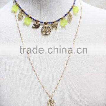 Gold Layered Set Necklace w/Blue Seedbead Copper Crystal Green Plastic Goldtone Charm Necklace 2016 Fashion Style Wholesale