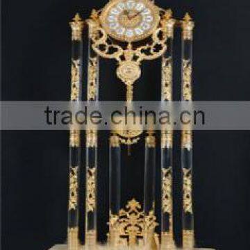 24K Gold Plated Brass Mounted Crystal Clock, Palace Decorated Marble Base Copper Clock