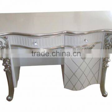 White Glossy Vanity Dressing Table with Silver Foil, Mini Bedroom Wood Carved Tidy Line Designed Dresser Table