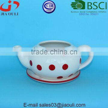 Home & garden decration Ceramic Teapot shape flower pot with red polka dots