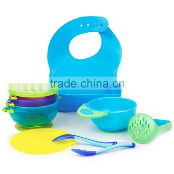 Kids Dinner Set: Spill Proof Bowl + Food Masher + Spoon / Fork + Bib, Multiple Color, Private Label