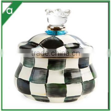 large luxury scented candle in enamel ceramic vessel with ceramic lid