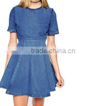 Woman Short Sleeve Blue Crop Top High Waist Jeans/Denim Skater Dresses