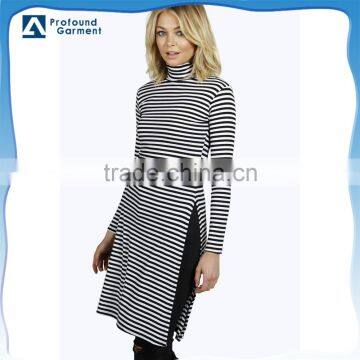 Customized jersey striped dress shirt/high neck long sleeve printing dress/slim fit split side dress