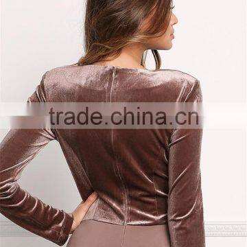 MGOO Fashion Custom Made Long Sleeves Bodysuits Velvet Breasted Tops V Neck Cocoa Polyester Spandex Blouses photo-6
