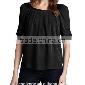 Latest Pleated Neck Puffed Shoulders Silk Blouse Elegant Silk Blouses Models photo-6