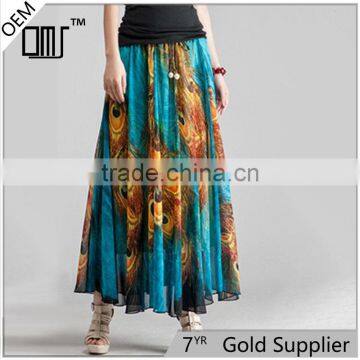 Maxi peacock feathers printed multiple wear long ethnic skirts