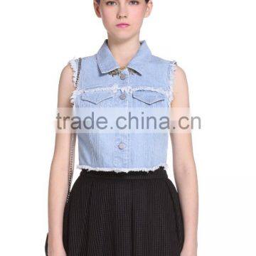 Ladies Button-up 100% Cotton Washed Distressed Jeans Vest